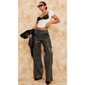 Pretty Little Thing Premium Black Faux Leather Wide Leg Cargo Trousers